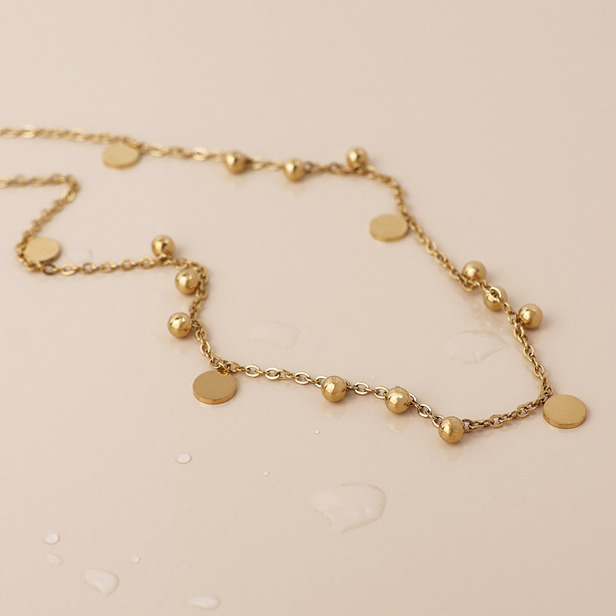Waterproof Gold Plated Bobble Beads & Disc Charm Necklace