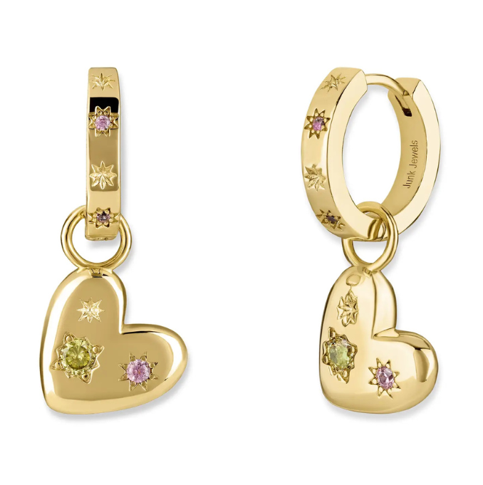 Pink & Green Floating Heart Earrings - Gold