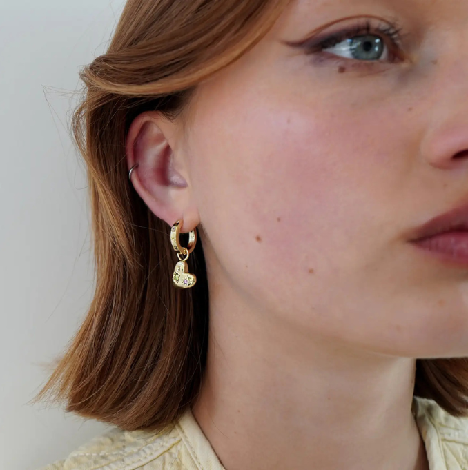 Pink & Green Floating Heart Earrings - Gold