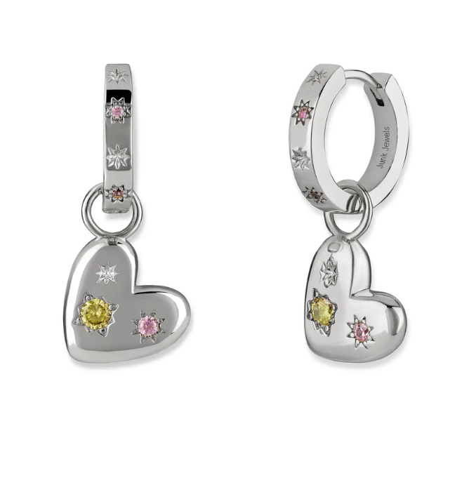 Pink & Green Floating Heart Earrings - Silver