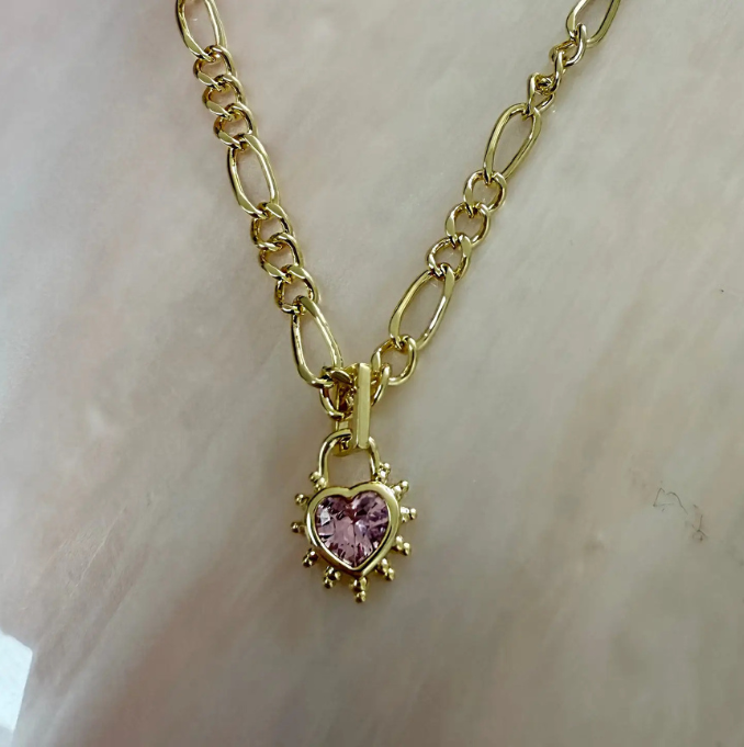 Pink Heart Chunky Figaro Necklace - Gold