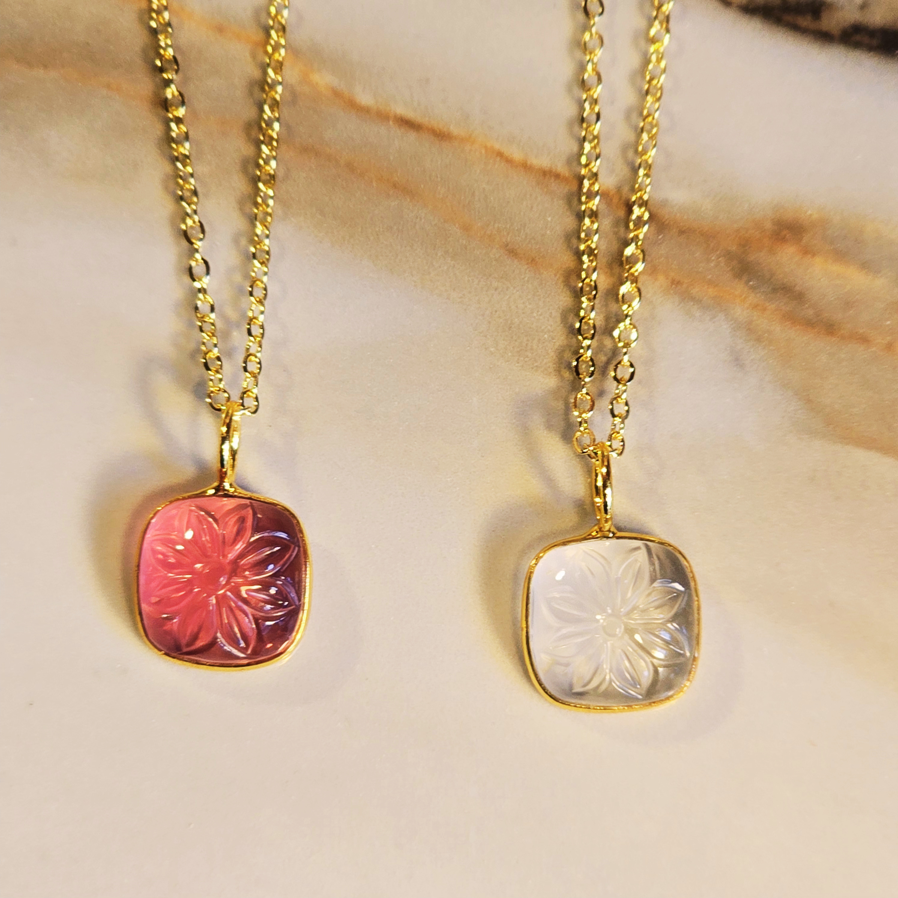 MOOCH London - Carved Gemstone Square Pendant Necklace