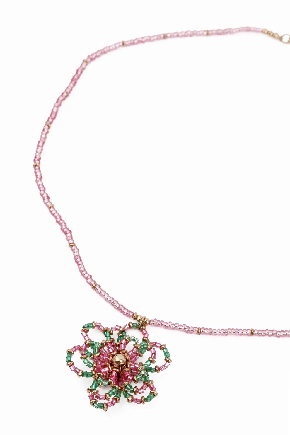 Pink & Green Flower Beaded Necklace