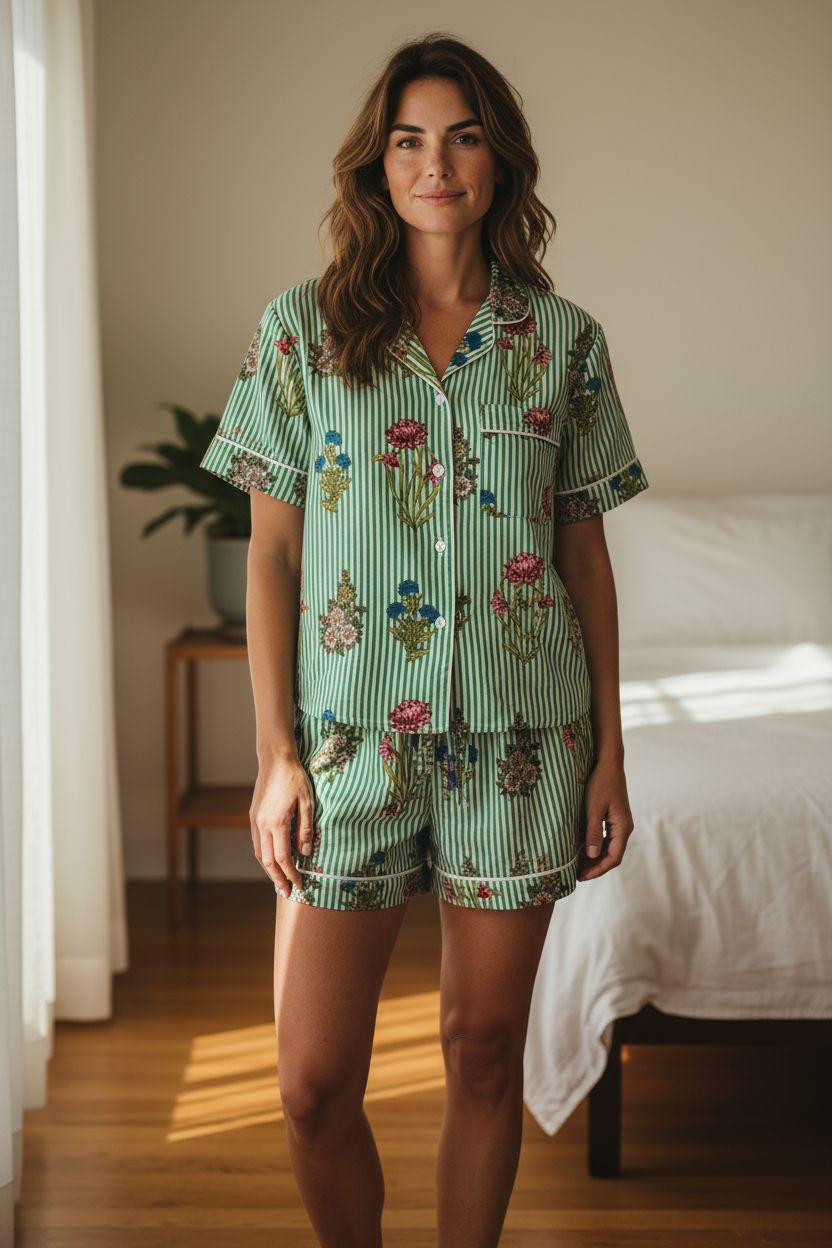 MOOCH London - Green Stripe Floral Shortie Pyjamas