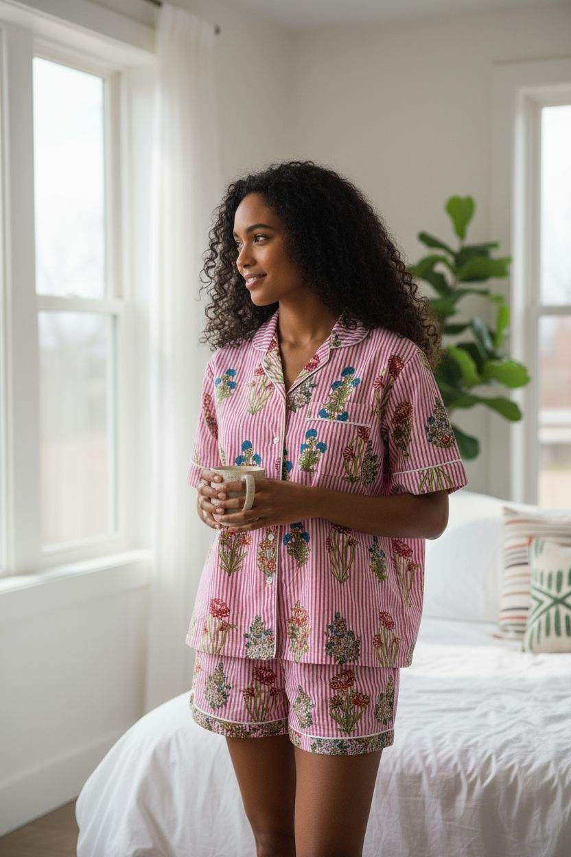 MOOCH London - Pink Stripe Floral Shortie Pyjamas