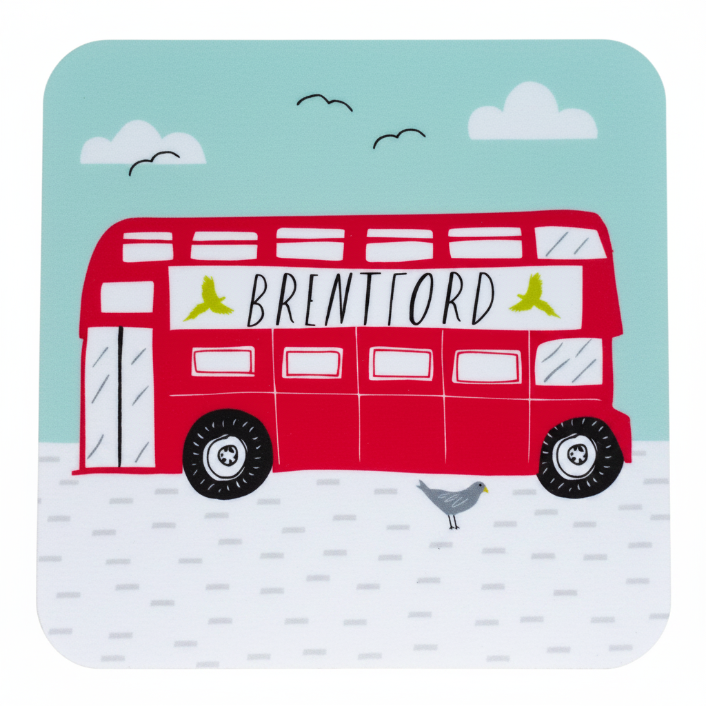 Coaster with a red bus design featuring the word 'Brentford' on a light blue background.