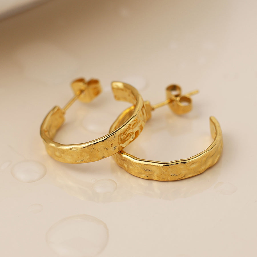 Waterproof gold plated beaten c-hoop earrings
