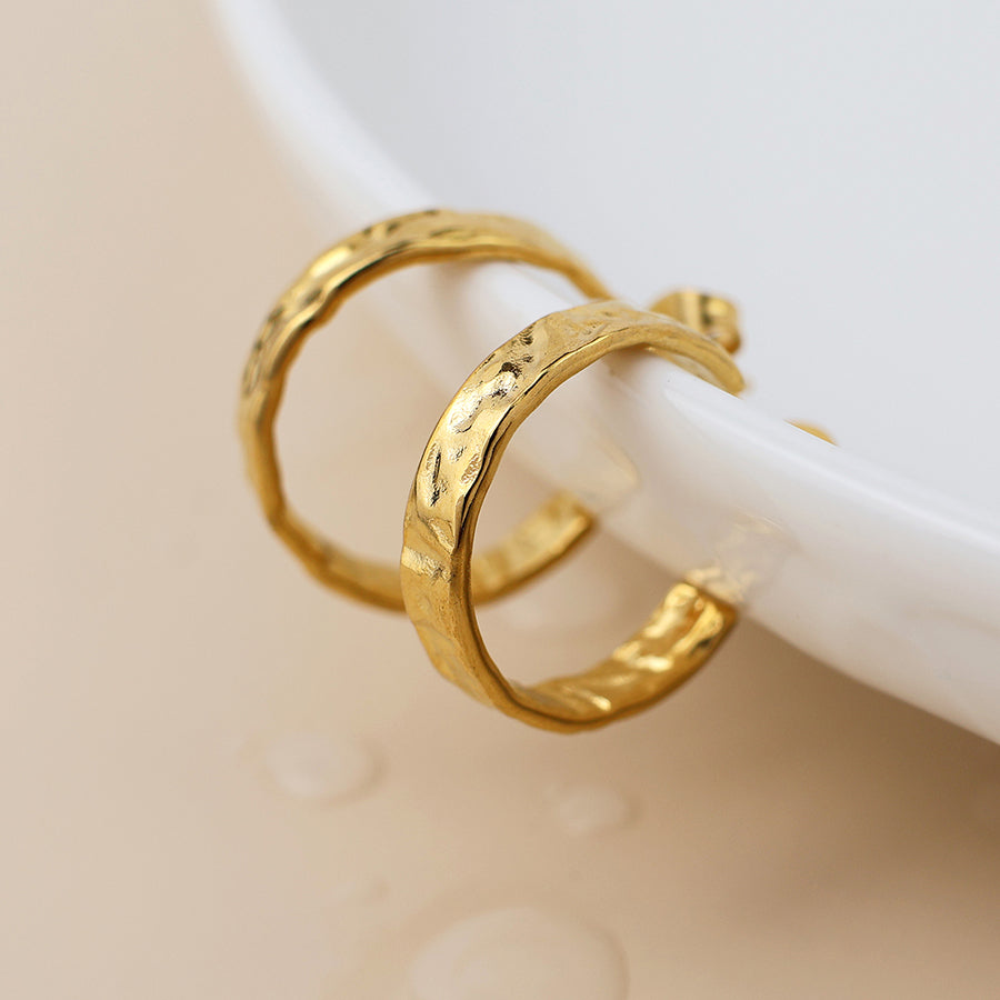 Waterproof gold plated beaten c-hoop earrings