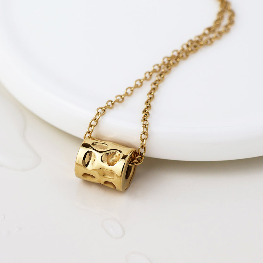 Waterproof gold plated beaten cylinder necklace
