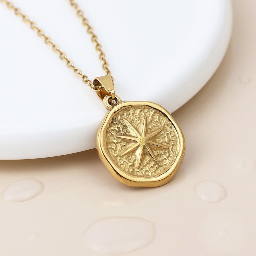 Waterproof gold plated compass necklace