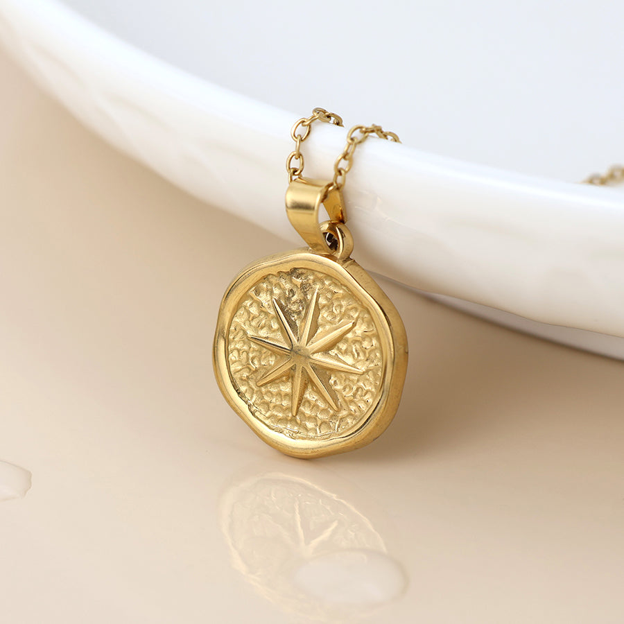 Waterproof gold plated compass necklace