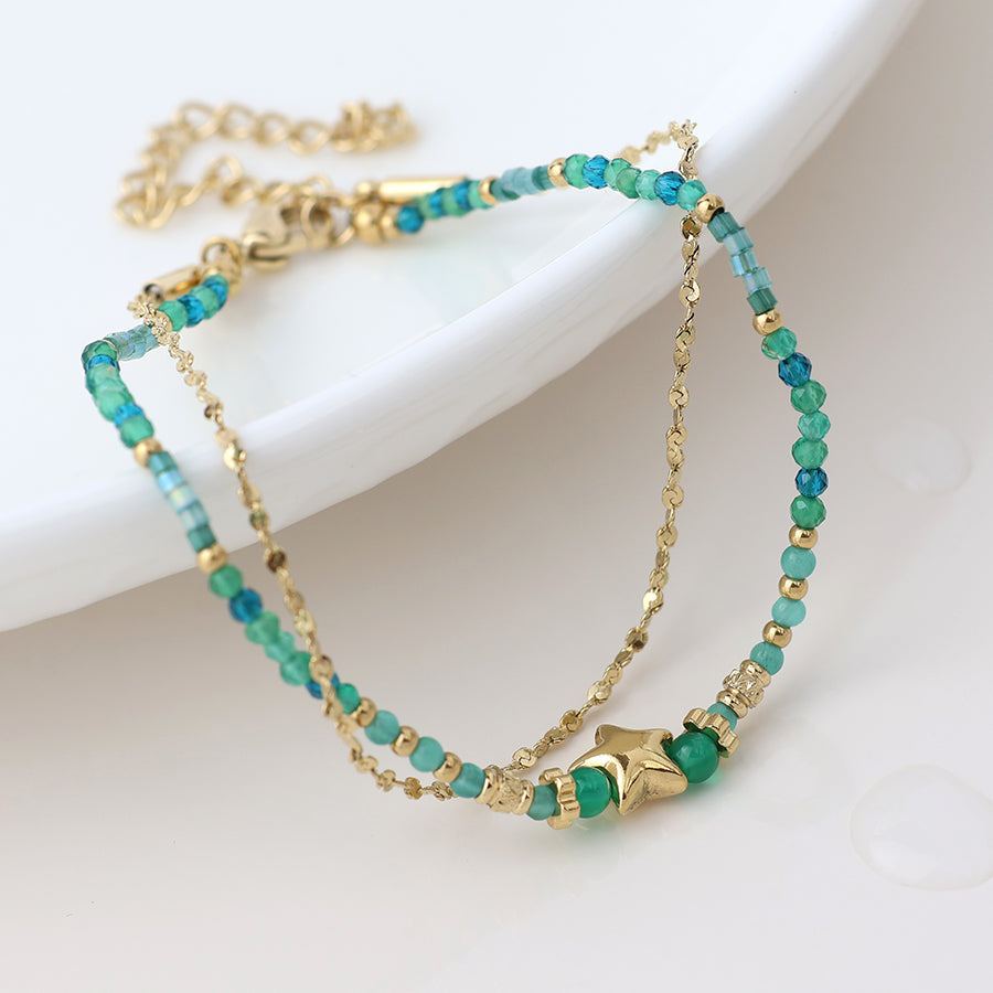 Waterproof Gold Plated Green Bead Bracelet