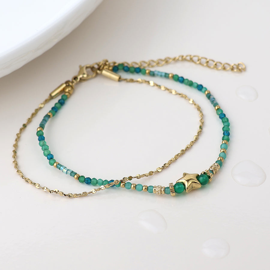 Waterproof Gold Plated Green Bead Bracelet