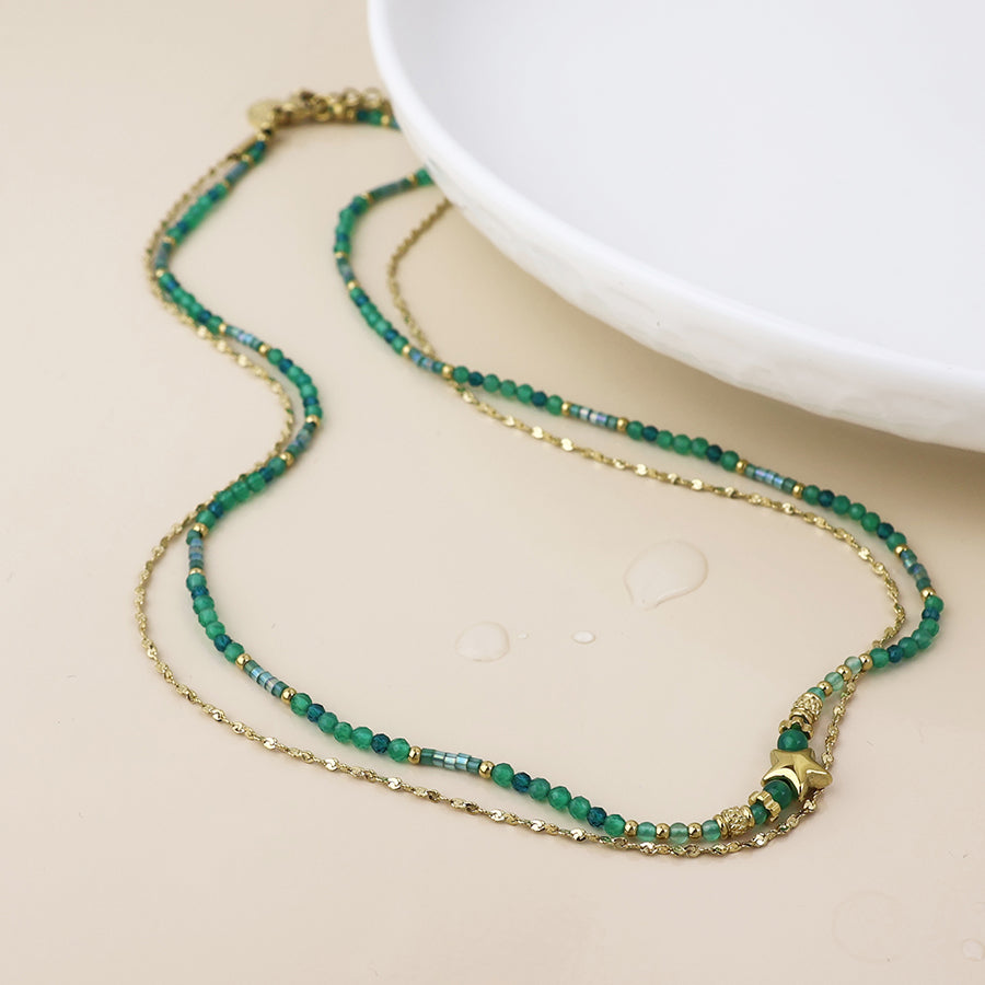 Waterproof Gold Plated Green Bead Necklace