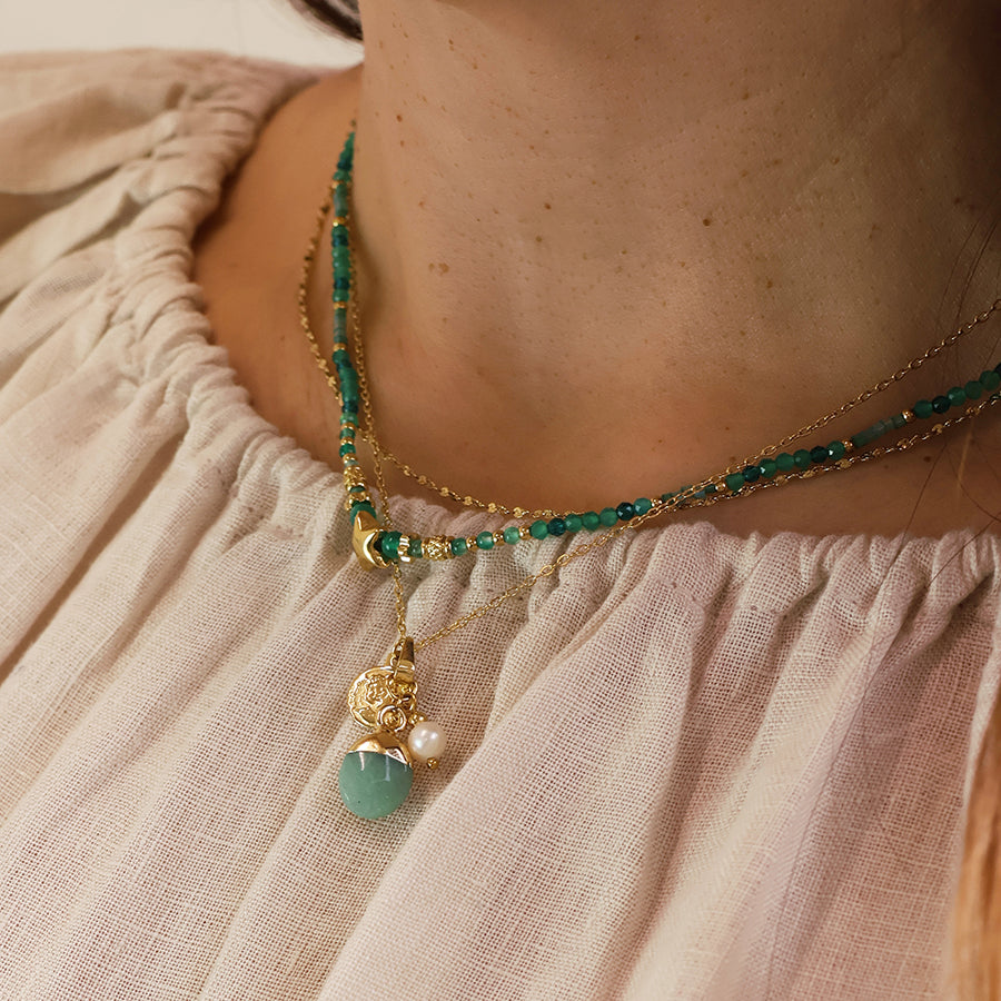 Waterproof Gold Plated Green Bead Necklace