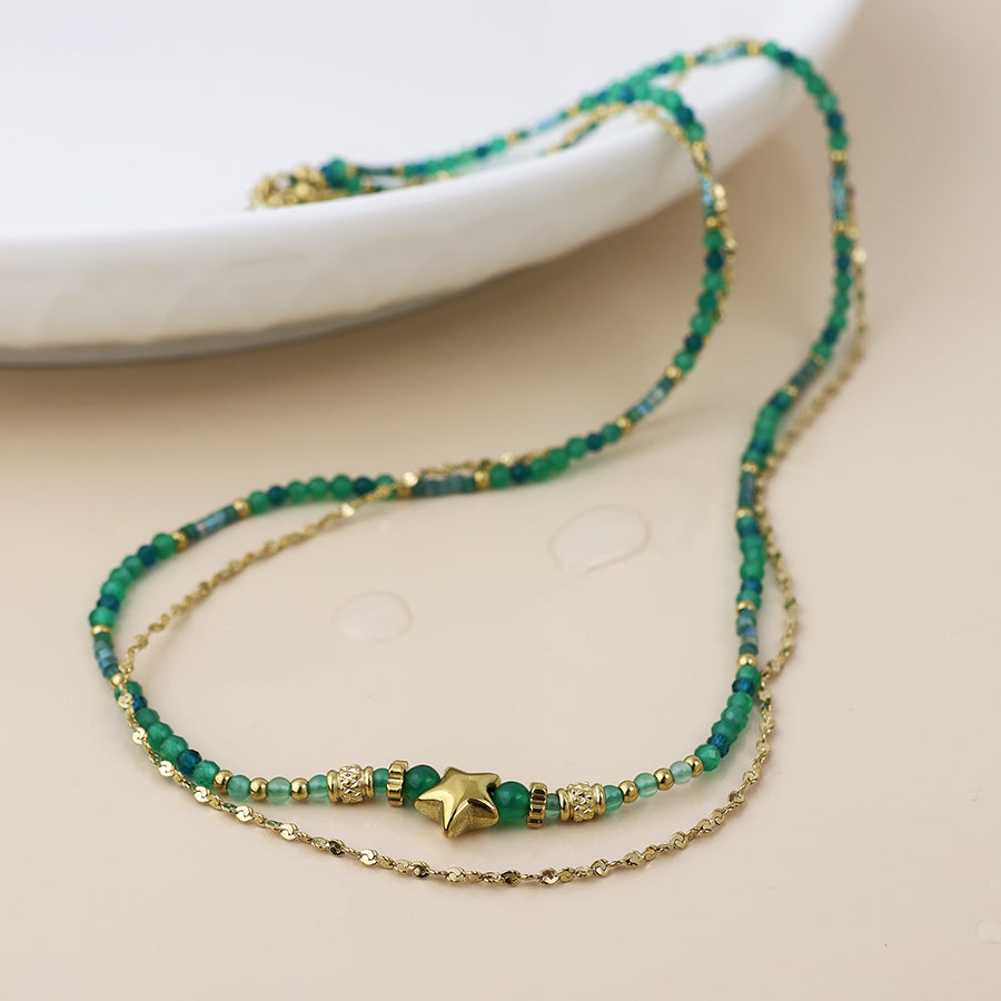 Waterproof Gold Plated Green Bead Necklace