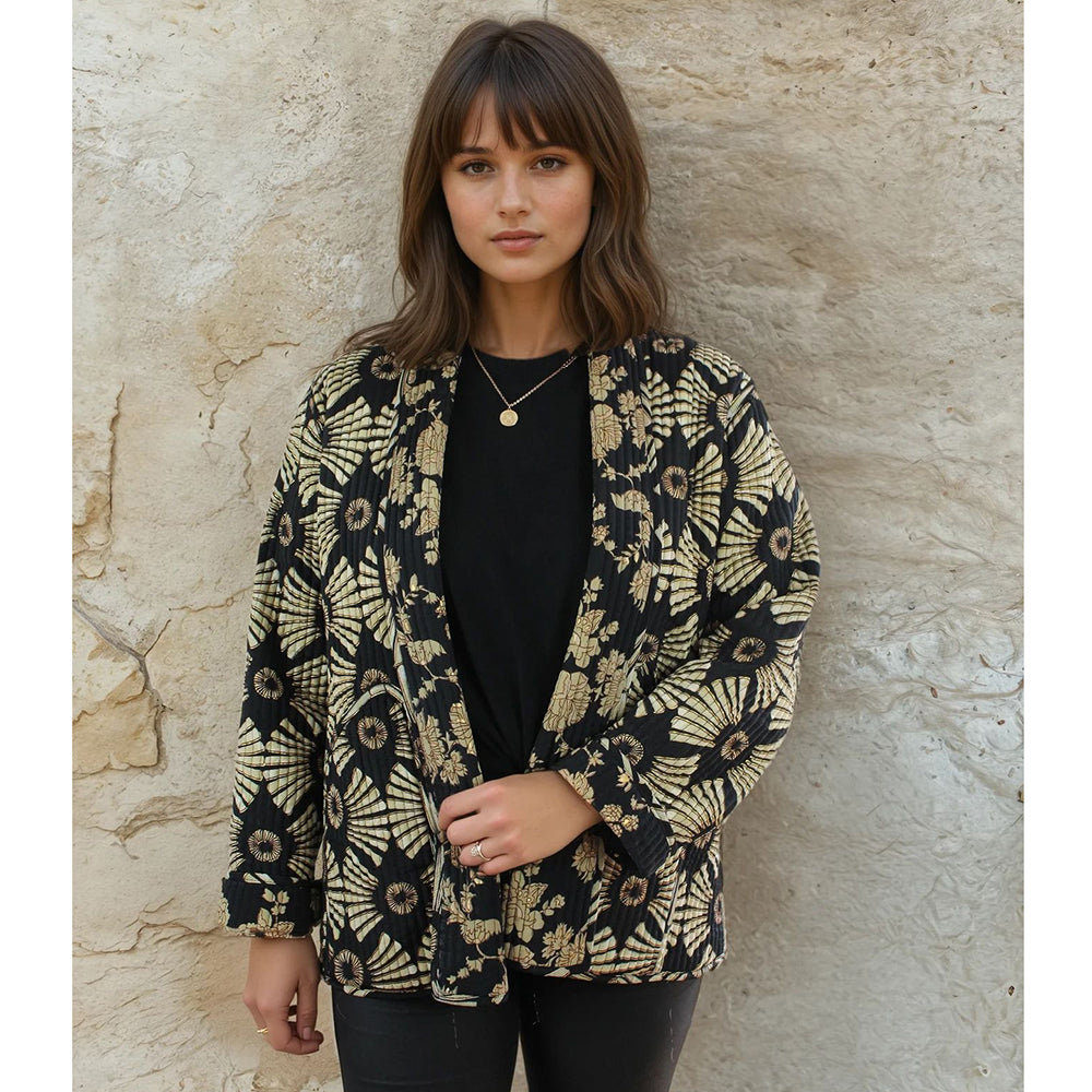 Black & Gold Fan Print Quilted Reversible