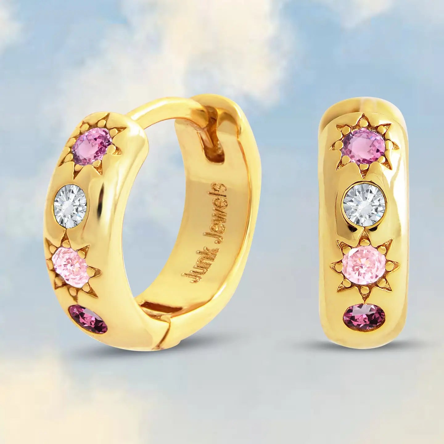 Pink Stone Petite Hoop Earrings - Gold