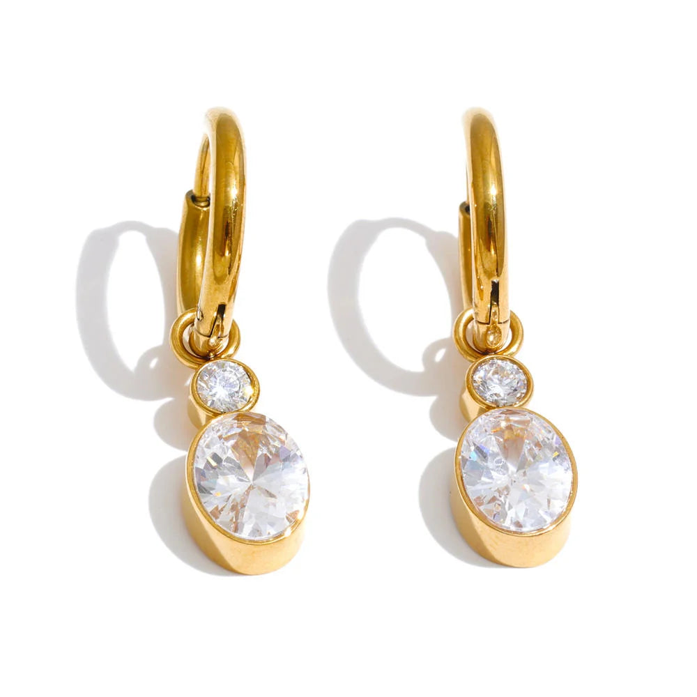 CZ Oval Drop Huggie Hoop Earrings