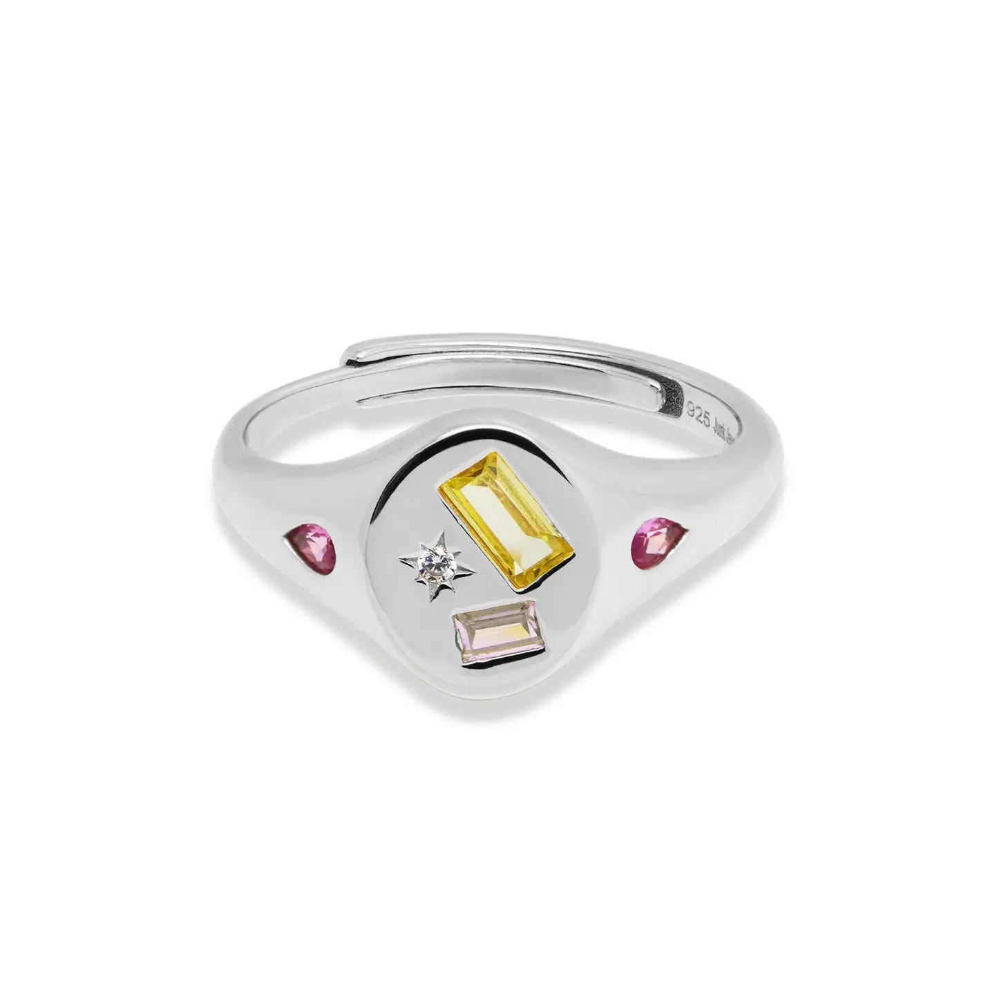Multi Stone Jewelled Adjustable Signet Ring - Silver