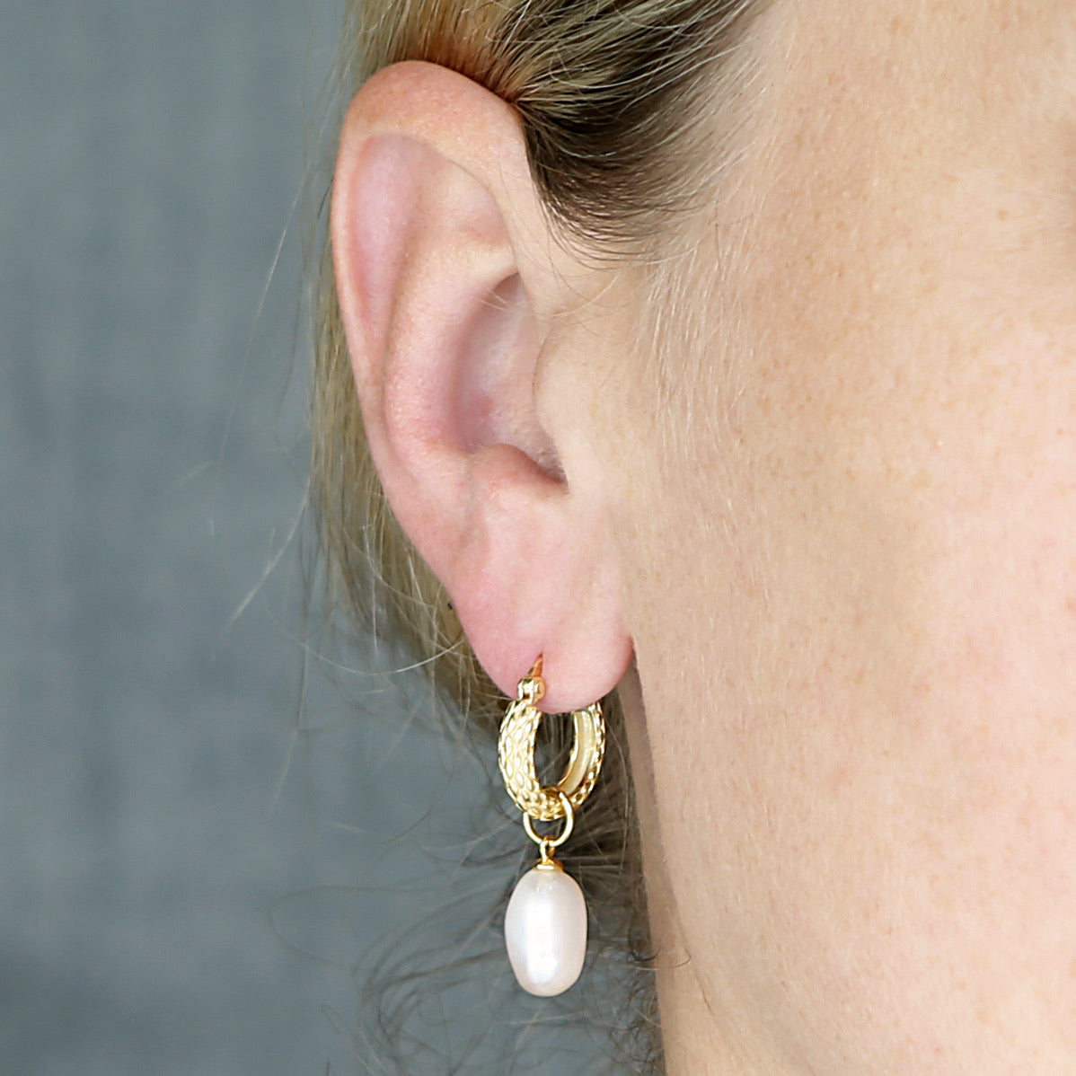 Basket Weave Hoop Earrings with a Freshwater Pearl