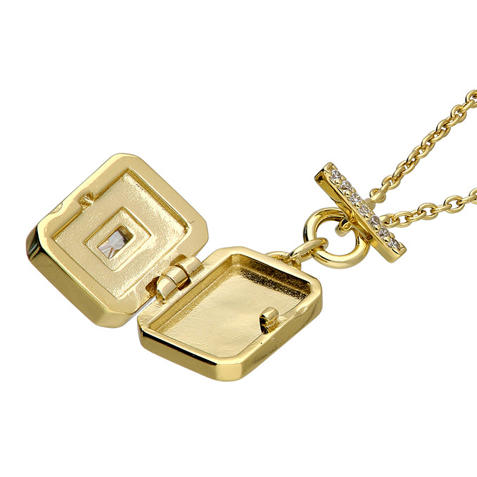 Gold Plated Sterling Silver MOP CZ Locket Necklace