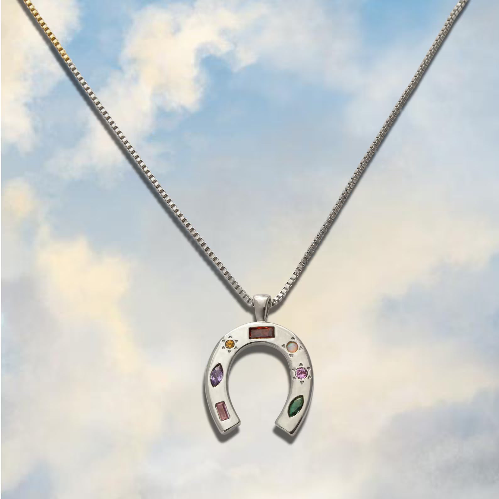 Kaleidoscope Lucky Charm Horseshoe Necklace - Silver