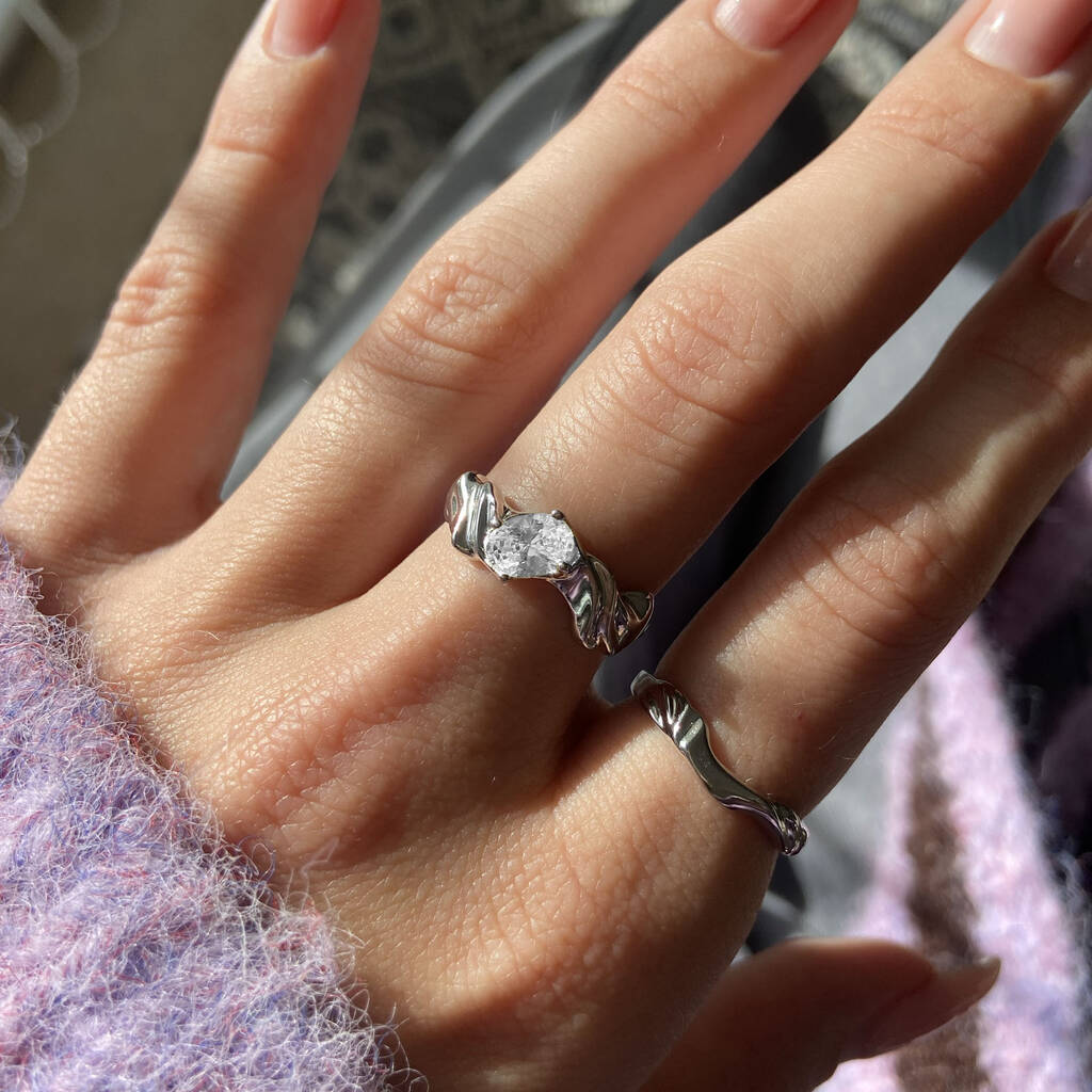 Molten Jewelled Adjustable Ring - Silver