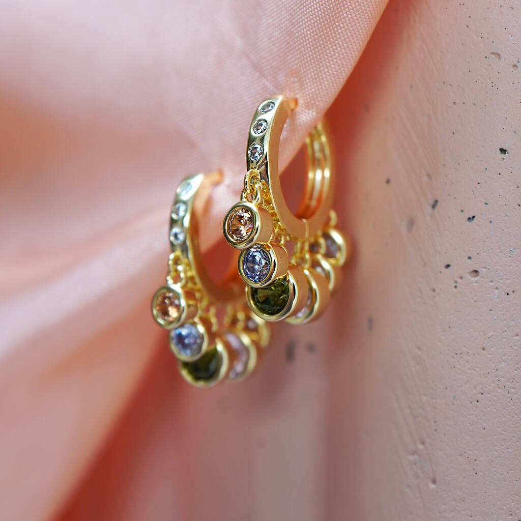 Pastel Stone Drop Hoop Earrings - Gold