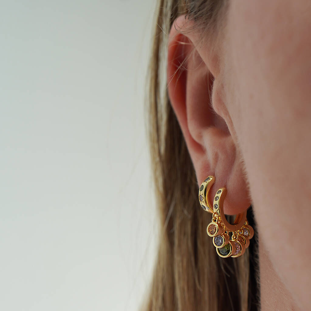 Pastel Stone Drop Hoop Earrings - Silver