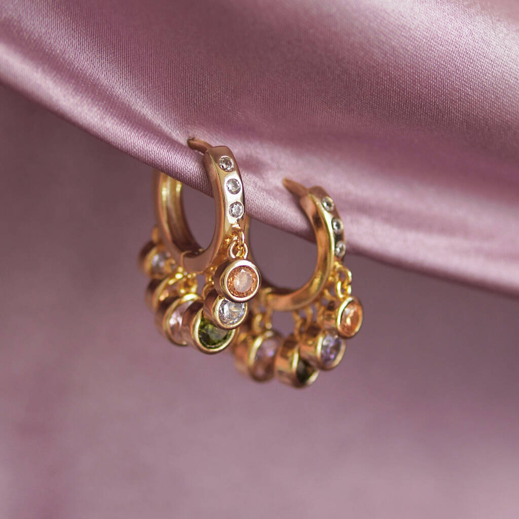 Pastel Stone Drop Hoop Earrings - Silver