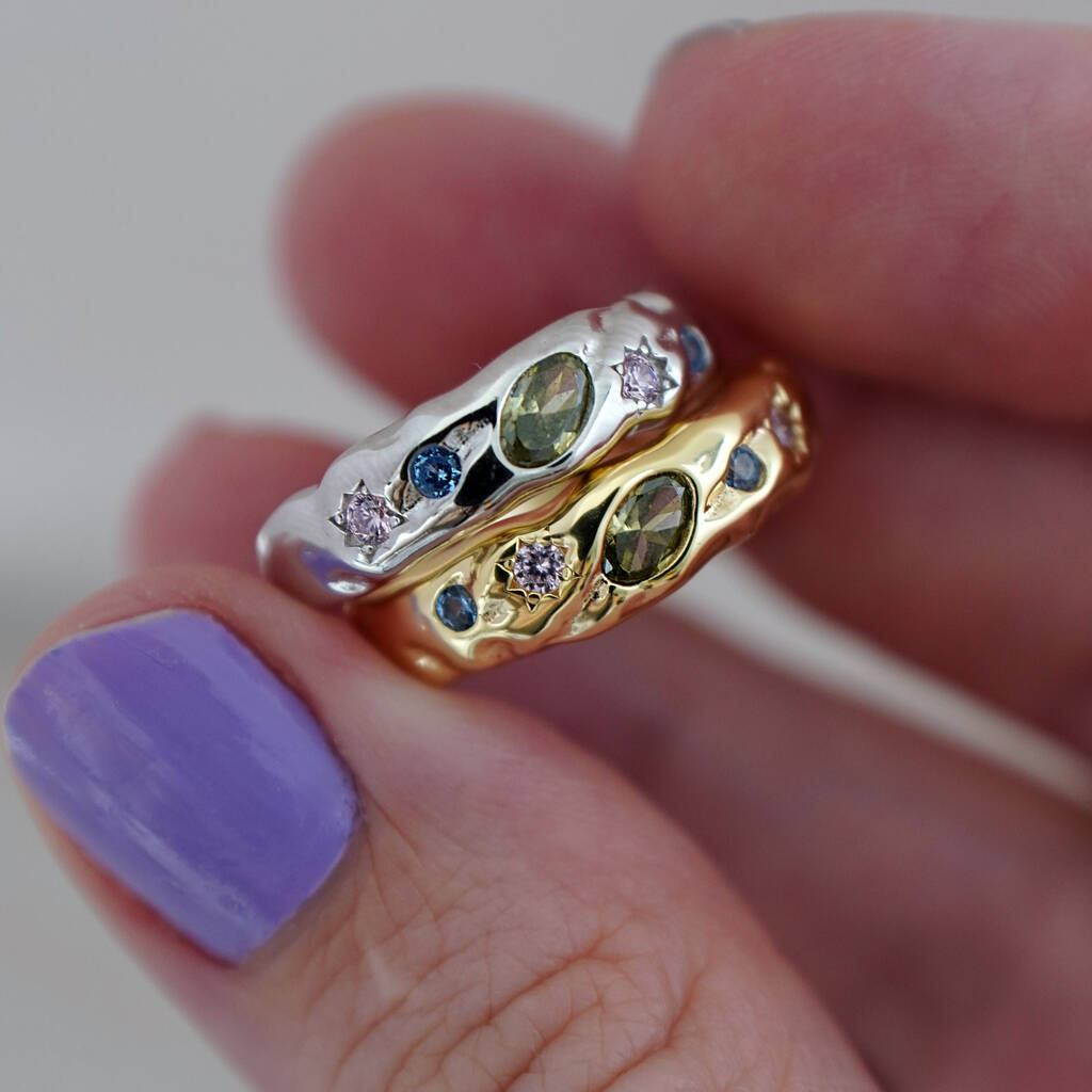 Pastel Stone Scatter Adjustable Ring - Silver