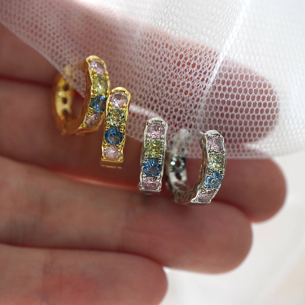 Pastel Stone Textured Hoop Earrings - Silver