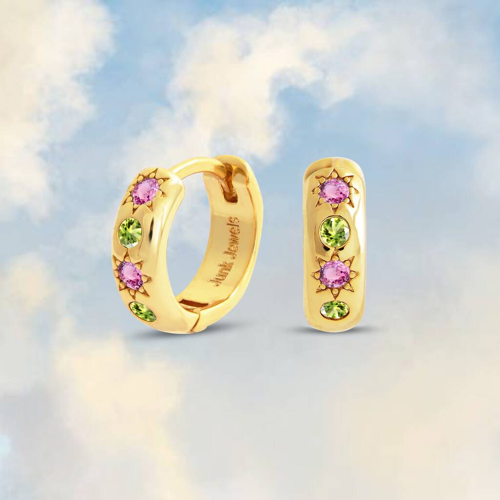 Pink & Green Petite Hoop Earrings - Gold