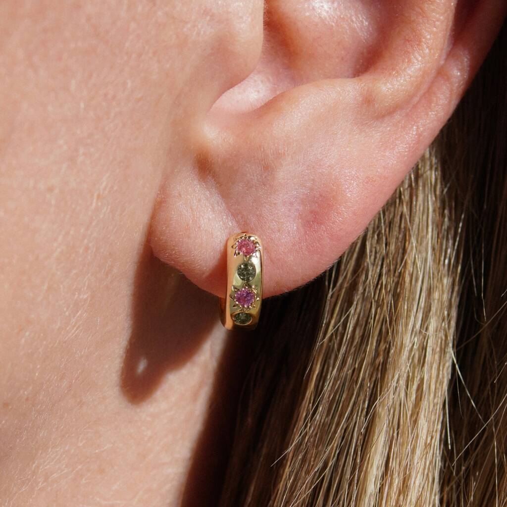 Pink & Green Petite Hoop Earrings - Gold