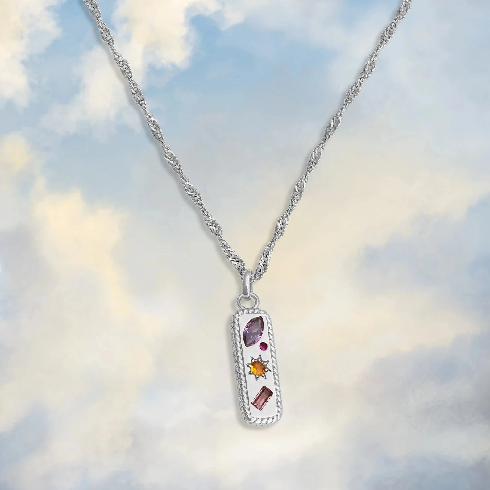 Kaleidoscope Gemstone Tag Necklace - Silver
