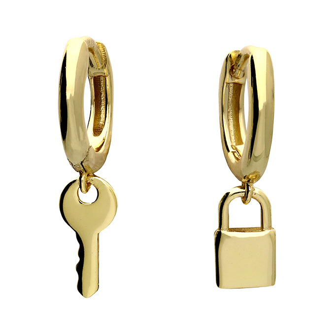 Gold Asymmetric key and padlock charm Huggie